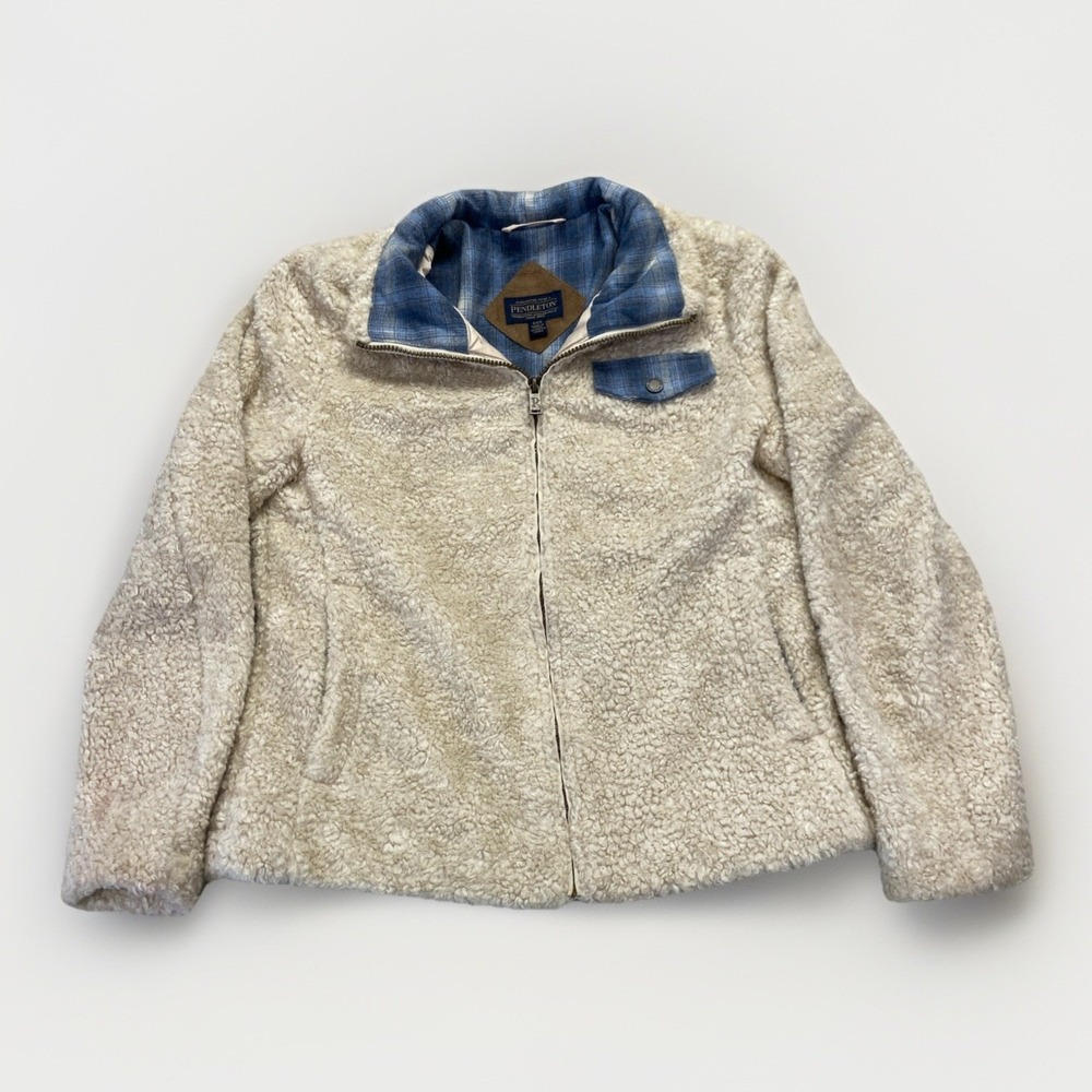 Pendleton Jacket Womens S Beige Heather Sherpa Fleece Full Zip Plaid Lined
